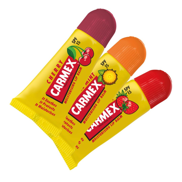 Carmex Minis Strawberry & Pineapple Mint Lip Balm Tube Trio SPF 15 – C