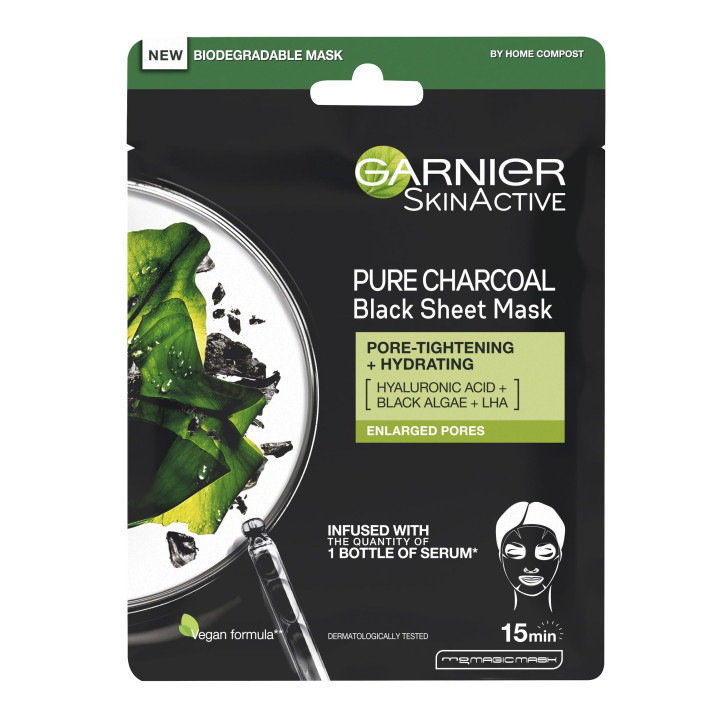 Garnier AHA + BHA Charcoal mattifying serum sheet mask, Purifying, 28g